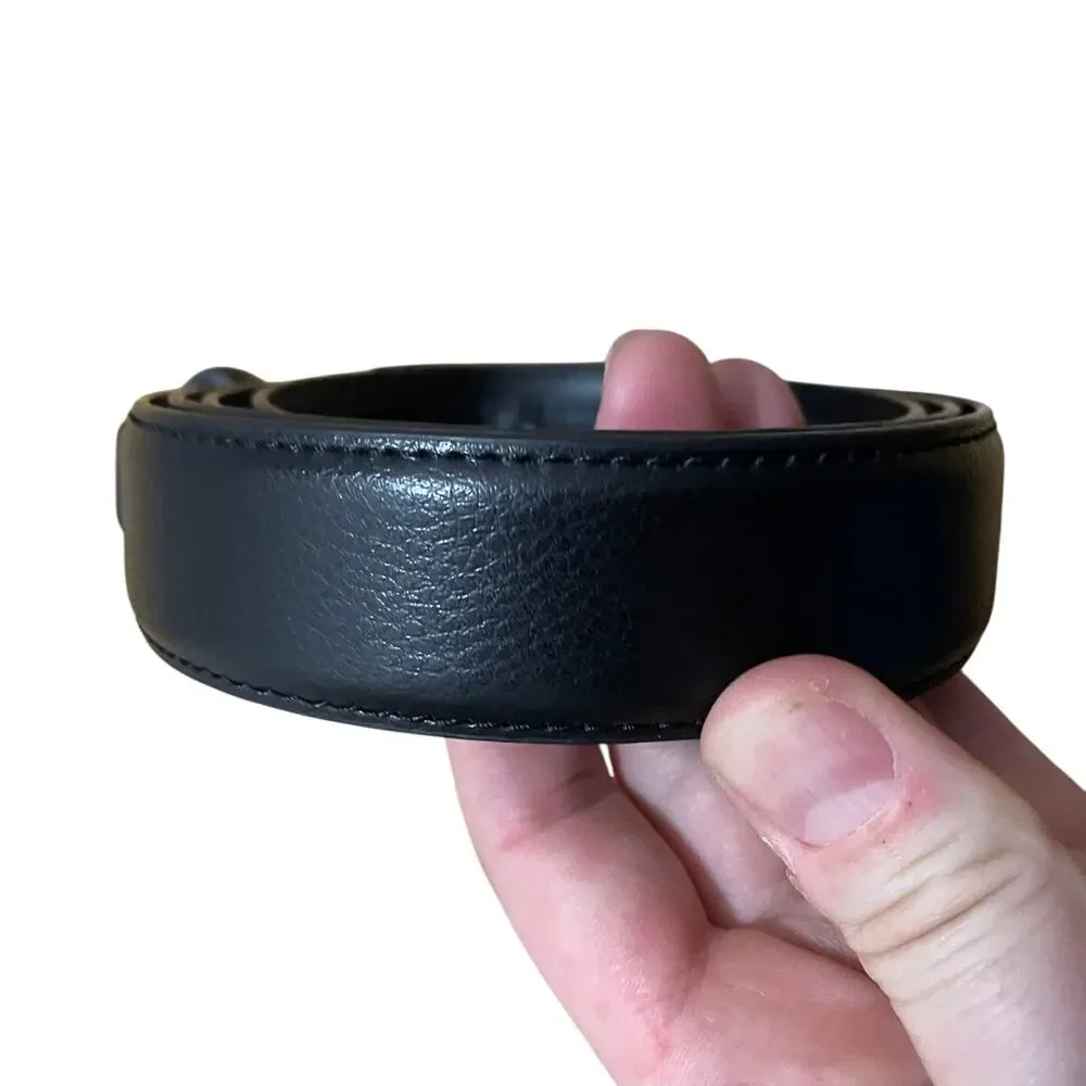 Mens Black Leather Ratchet Belt‎ Brushed Silver Rectangular Buckle 50in L 1in W